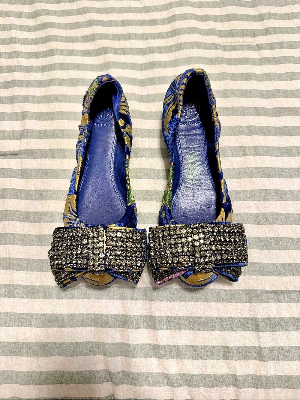 Tory Burch Viola Embellished Bow Ballet Flats Blue & Gold US 5.5M